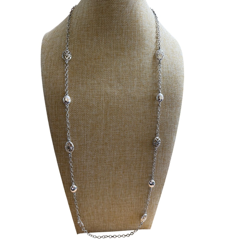 Silver Tone Long Station Necklace Filigree Oval Beads Layering Boho Chic